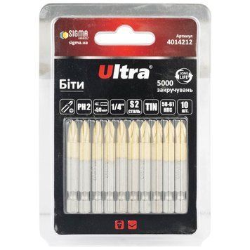 Биты PH2&times;50мм &frac14;" 10шт S2 TIN (блистер) ULTRA (4014212) 4014212 фото